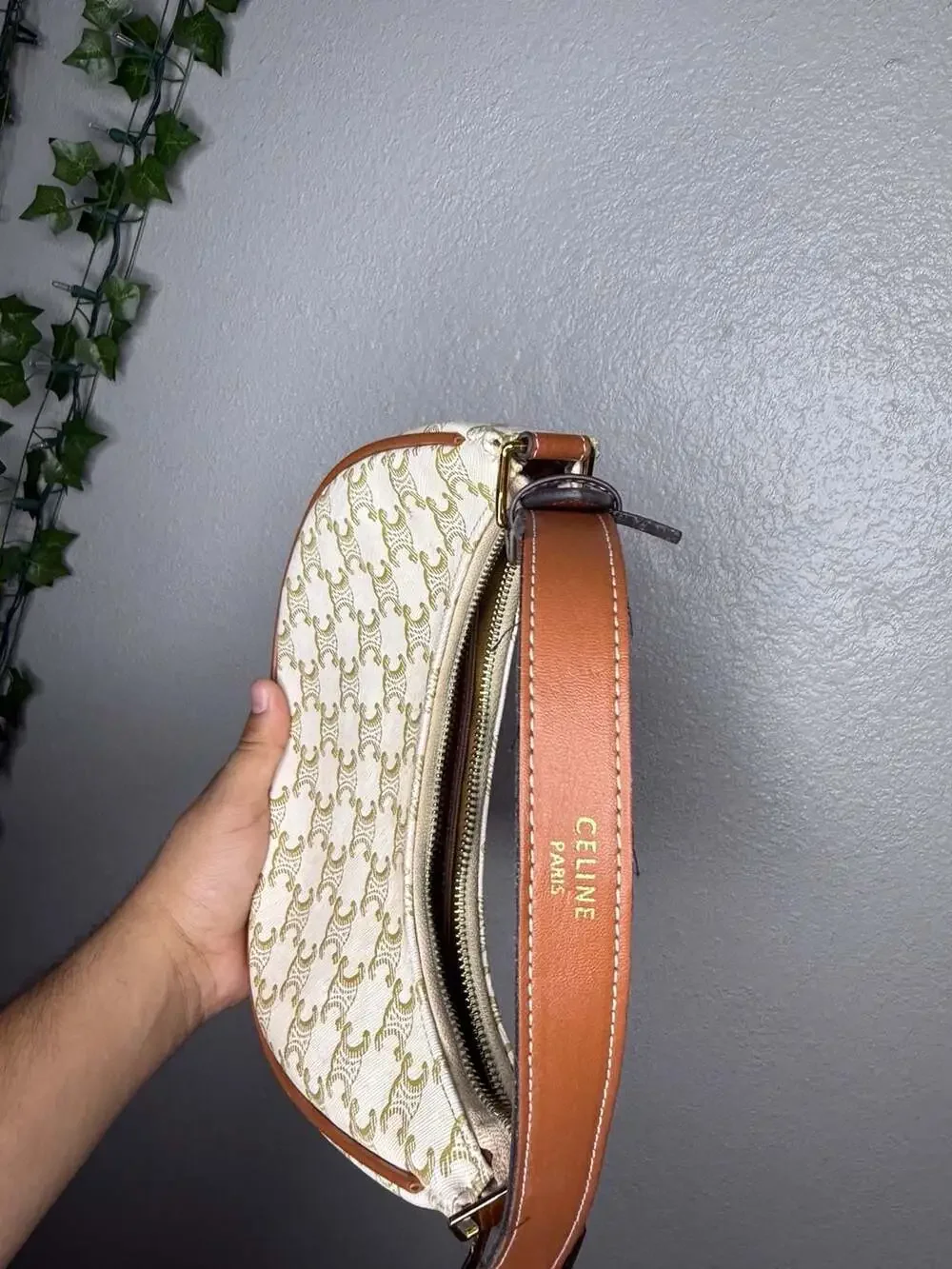 Celine Ava Triomphe Shoulder Bag White Coated Canvas with Tan Leather Trim